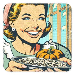 Retro Mom with Tray of Pumpkin Seeds Halloween Square Sticker