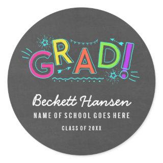 Retro Neon Doodles Chalkboard Graduation Classic Round Sticker
