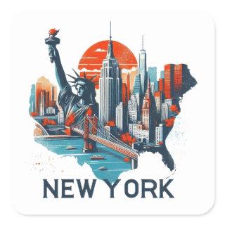 Retro New York Skyline Silhouette Square Sticker