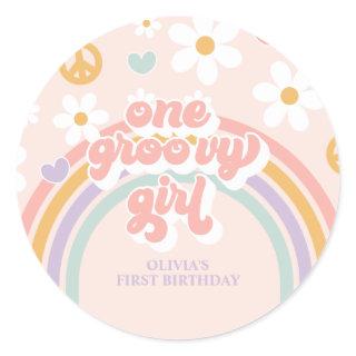 Retro One Groovy Girl Rainbow 1ST Birthday Classic Round Sticker