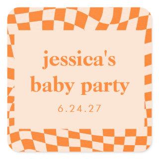 Retro Orange Abstract Checkerboard Baby Shower Square Sticker