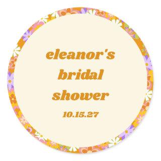 Retro Orange Purple Floral Custom Bridal Shower Classic Round Sticker