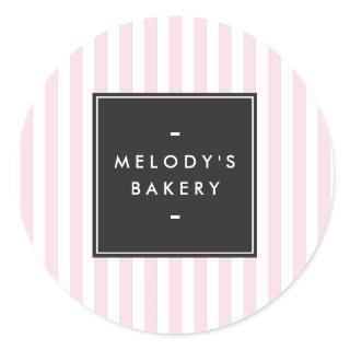 Retro Pink and White Stripes Bakery Classic Round Sticker