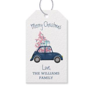 Retro Pink Christmas Tree Blue Car Merry Christmas Gift Tags