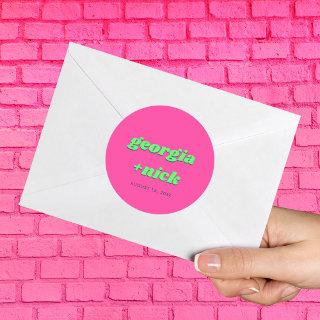 Retro Pink & Teal Groovy Colorful Custom Wedding Classic Round Sticker
