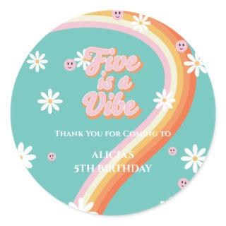 Retro Rainbow FIVE is a Vibe Groovy 5th Birthday  Classic Round Sticker