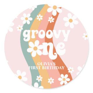Retro Rainbow Groovy One Daisy Classic Round Sticker