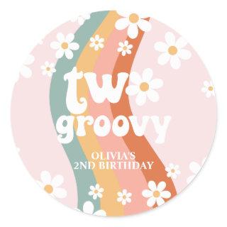 Retro Rainbow Two Groovy Daisy Classic Round Sticker