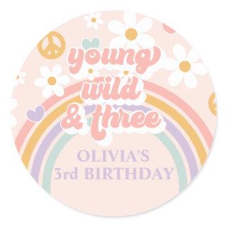 Retro Rainbow Young Wild Three 3rd Birthday Classic Round Sticker