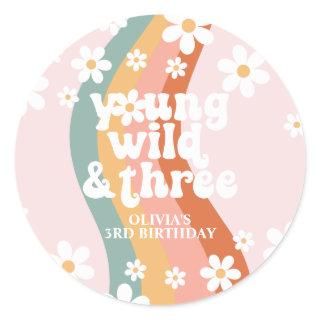 Retro Rainbow Young Wild Three Daisy Classic Round Sticker