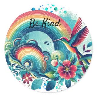 Retro Rainbows Hummingbird Kindness Round Sticker
