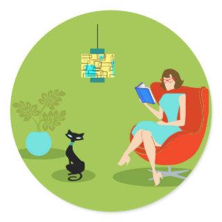 Retro Reading Woman Round Stickers