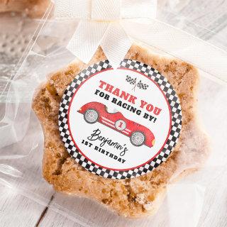 Retro Red Race Car Fast One Boy Birthday Party Classic Round Sticker