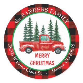 Retro Red Truck Christmas Tree Return Address  Classic Round Sticker