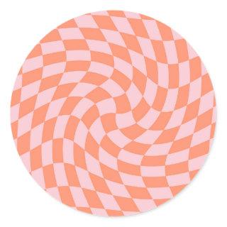 Retro Rhubarb Pastel Warped Checks Checkered  Classic Round Sticker