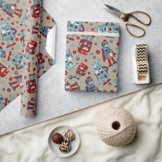 Retro Robots Blue and Red Patterned