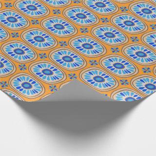 Retro Round Tiles Mexico Daisy Pattern Orange BLue