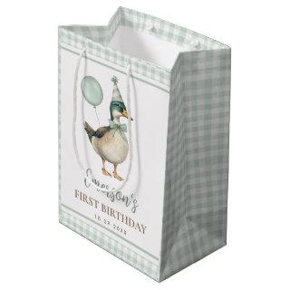 Retro Sage Green One Lucky Duck 1st Birthday Medium Gift Bag