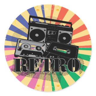 Retro style boom box and cassettes classic round sticker