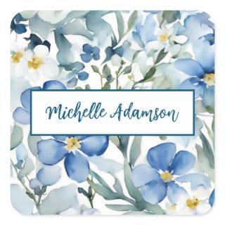 Retro Stylish Elegant Plain Blue White Flowers Square Sticker