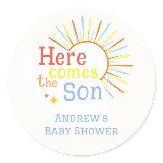 Retro Sunshine Here Comes The Son Baby Shower  Classic Round Sticker