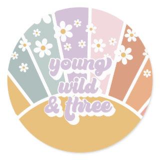 Retro Sunshine Rainbow Daisy 3rd Birthday Classic Round Sticker