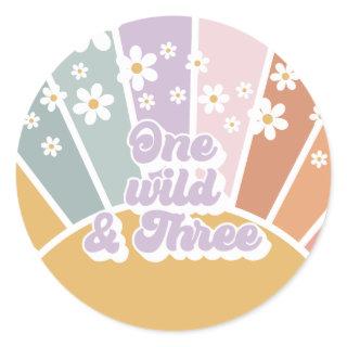 Retro Sunshine Rainbow Daisy One Wild Three Classic Round Sticker