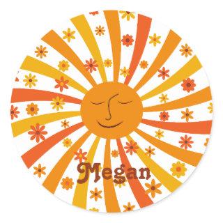 Retro Sunshine Sunburst with Flowers custom name   Classic Round Sticker