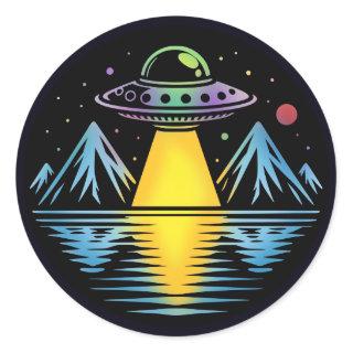 Retro UFO in the Mountains Reflecting in the Water Classic Round Sticker
