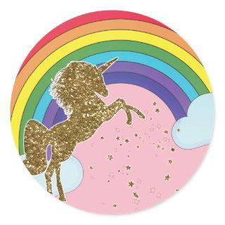 Retro Unicorn Rainbow & Gold Stars Birthday Party Classic Round Sticker