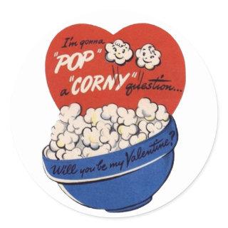 Retro Valentines Day, Popcorn Pop a Corny Question Classic Round Sticker