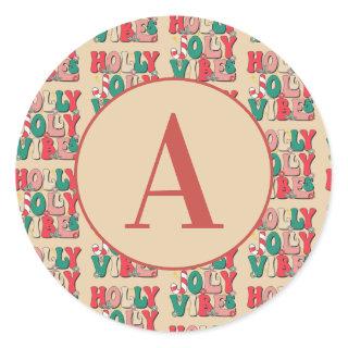Retro Vintage Christmas Holly Jolly Vibes Monogram Classic Round Sticker