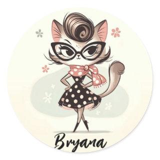Retro Vintage Feminine Kitten With Cat Eye Glasses Classic Round Sticker