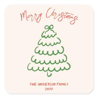 Retro Vintage Hand Drawn Bow Tree Unique Christmas Square Sticker