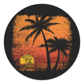 Retro Vintage sunset coco palm tree Classic Round Sticker