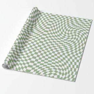 Retro Warped Sage Green White Checks Checkered