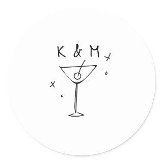 Retro Whimsical Martini Hand Drawn Custom Initials Classic Round Sticker
