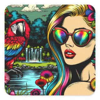 Retro Woman and Parrot in the Park Pop Art  Square Sticker