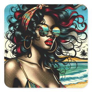 Retro Woman on Beach Comic Style Pop Art Square Sticker