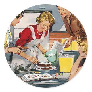 Retro women baking a cake classic round sticker