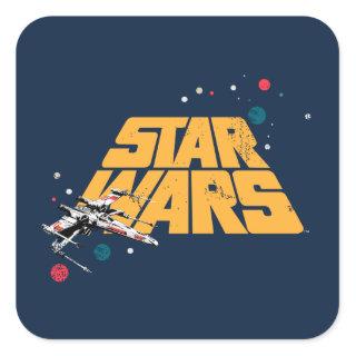 Retro X-Wing In Space Star Wars Logo Square Sticker