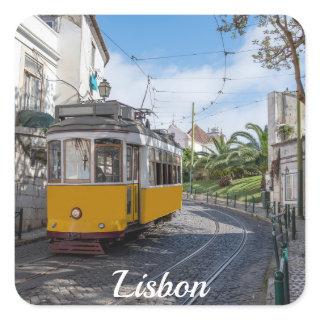 Retro yellow tram on street in Lisbon, Portugal Square Sticker