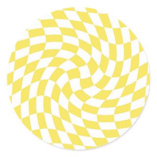 Retro Yellow White Warped Checks Checkered    Classic Round Sticker