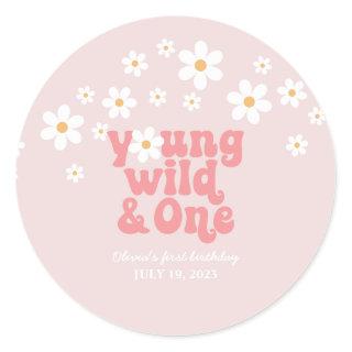 Retro Young Wild One Daisy floral 1st birthday Classic Round Sticker