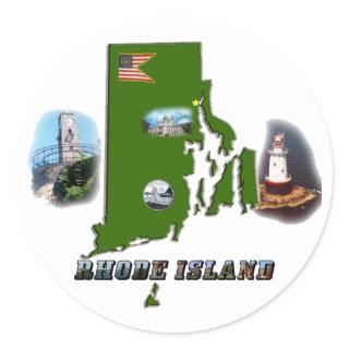 Rhode Island Map, Photos and Text Classic Round Sticker