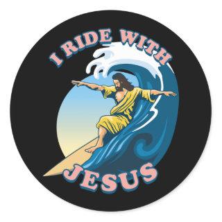 Ride With Jesus | Surfing Jesus Illustration Classic Round Sticker