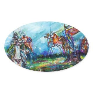 RIDERS IN THE STORM Medieval Knights Horseback Oval Sticker