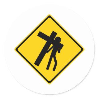 Road Sign Carrying Cross Classic Round Sticker