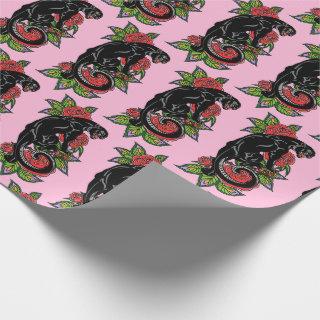 Roaring black panther and blooming roses