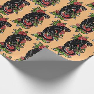 Roaring black panther and blooming roses wrapping